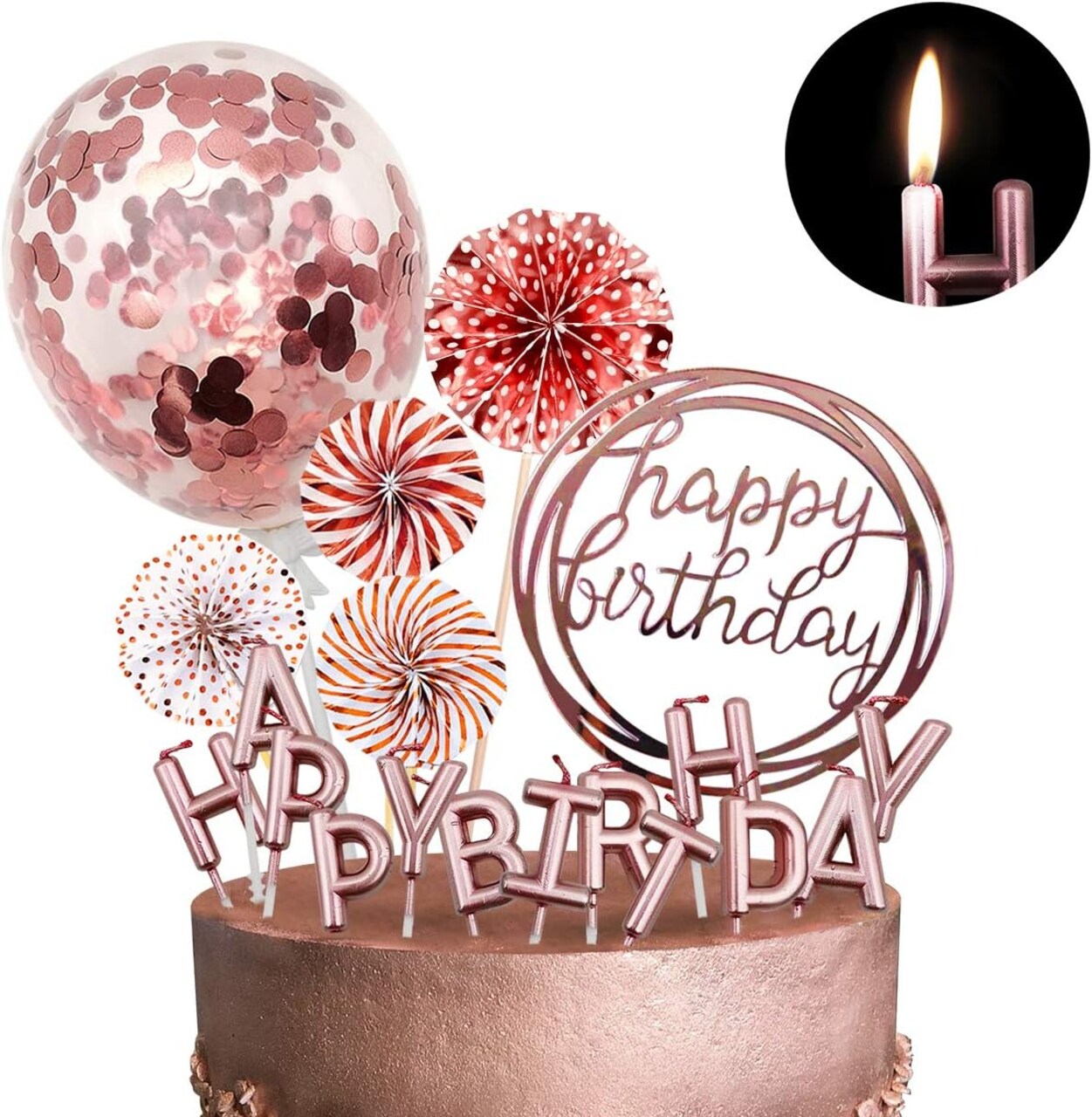 Rose Gold Cake Topper Decoration with Happy Birthday Candles Happy Birthday Banner Confetti Balloon Paper Fans For Rose Gold Theme Party Decor Girl Women Birthday Party